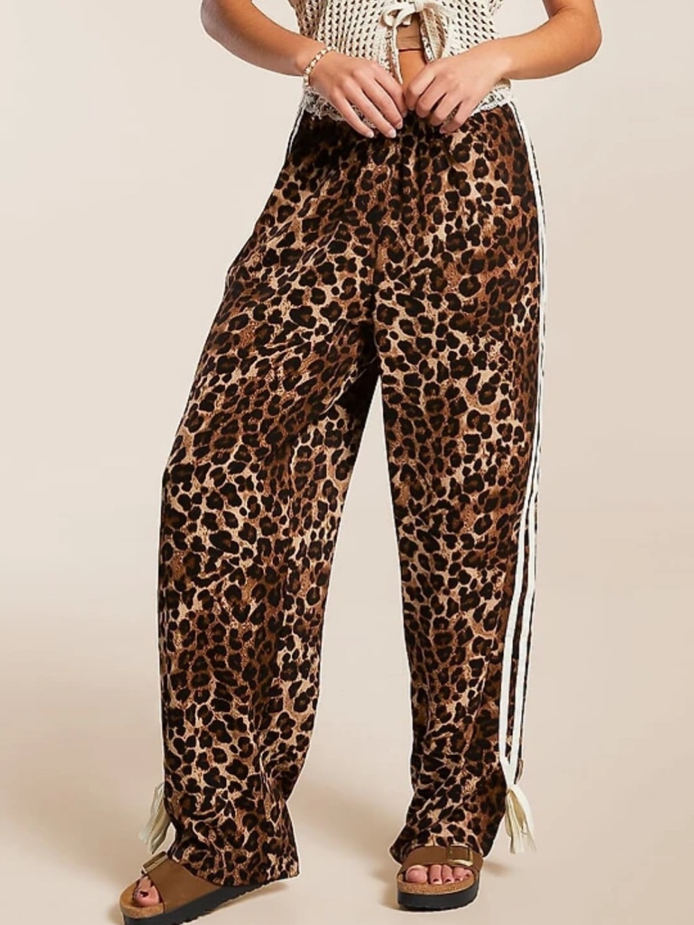 Willow & Root Leopard Print Wide-Leg Pants with Side Stripes NEW